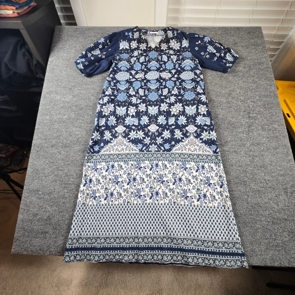 Khaadi Floral Midi Dress Womens Small Blue White Block Print V-Neck Pockets
